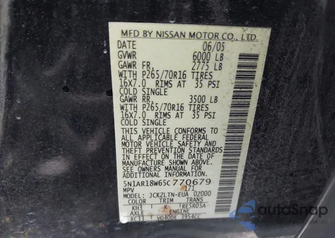 2005 Nissan Pathfinder Se z USA, uszkodzony, nr VIN 5N1AR18W65C770679